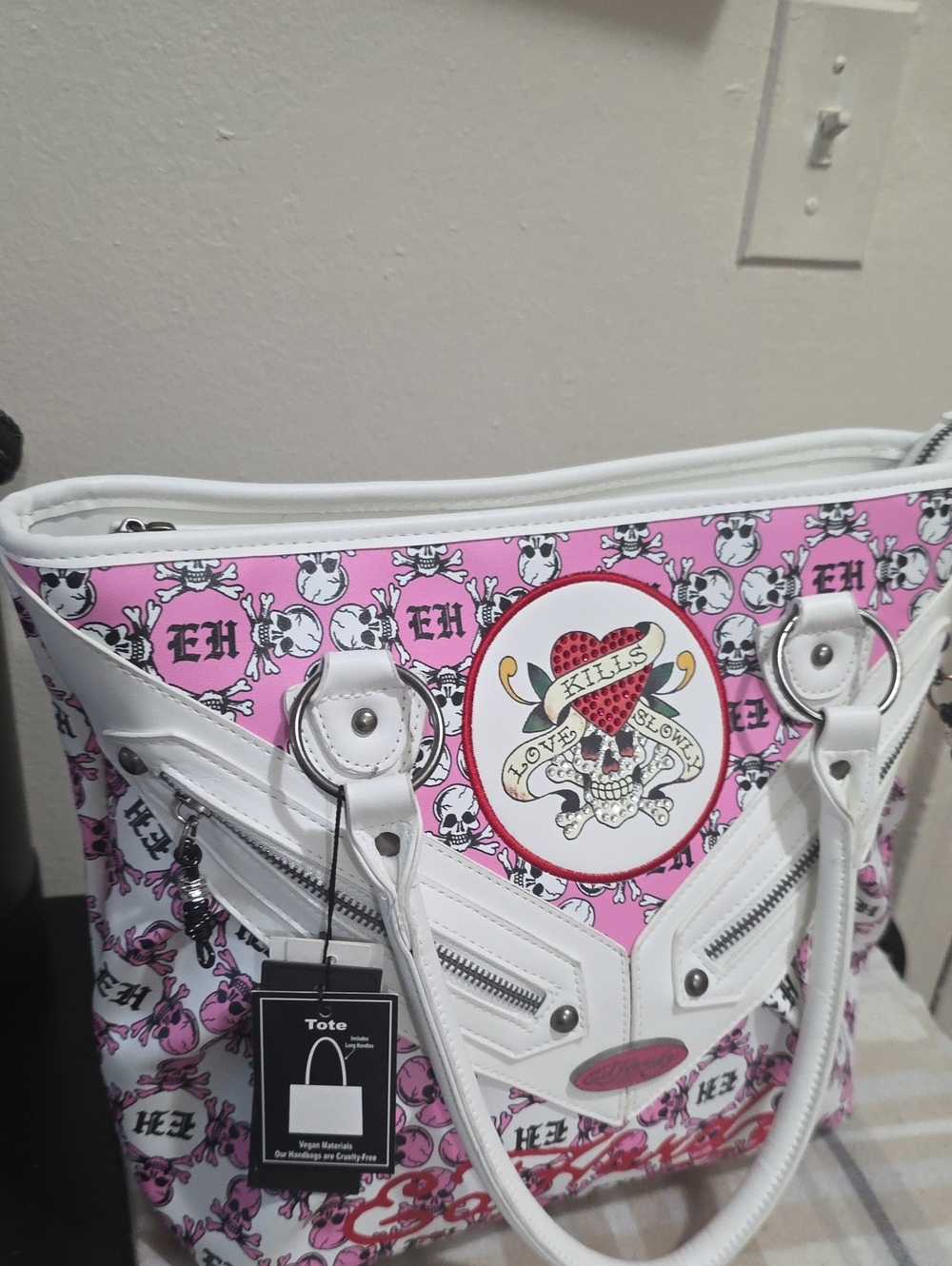 Ed Hardy Pink and White Skull Tattoo Tote
